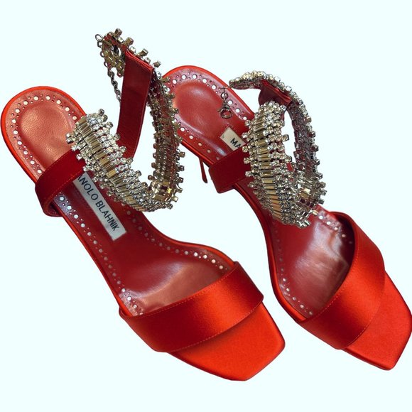 NEW Manolo Blahnik Size 38.5 EU Parinasan Embellished Ankle-Strap Sandals, Red - Picture 5 of 11